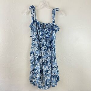 Free People Size 12 Blue & White Floral Striped Tie-up Sleeveless Ruffled Dress